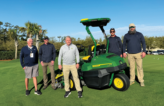 Meet our Deere friends: Jones was happy to catch up with his friends from John Deere while at the Players Championship. From left to right are Dave Anderson, Chase Tew, Chris Guillory and Bryce Carnahan. (Photo: Golfdom staff)
