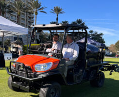 Ken Rost, founder of Frost, Inc., shows Ian Gallagher, CGCS, Sand Ridge GC, Chardon, Ohio, the ins and outs of the company’s GPS sprayer. “There are so many resources, so many people who make our lives easier,” Gallagher told Golfdom. “I end up with a lot of Envu, Syngenta and recently Quali-Pro with Suprado. They’ve made my life a lot easier.” (Photo: Golfdom staff)