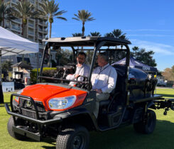 Ken Rost, founder of Frost, Inc., shows Ian Gallagher, CGCS, Sand Ridge GC, Chardon, Ohio, the ins and outs of the company’s GPS sprayer. “There are so many resources, so many people who make our lives easier,” Gallagher told Golfdom. “I end up with a lot of Envu, Syngenta and recently Quali-Pro with Suprado. They’ve made my life a lot easier.” (Photo: Golfdom staff)