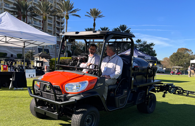 Ken Rost, founder of Frost, Inc., shows Ian Gallagher, CGCS, Sand Ridge GC, Chardon, Ohio, the ins and outs of the company’s GPS sprayer. “There are so many resources, so many people who make our lives easier,” Gallagher told Golfdom. “I end up with a lot of Envu, Syngenta and recently Quali-Pro with Suprado. They’ve made my life a lot easier.” (Photo: Golfdom staff)
