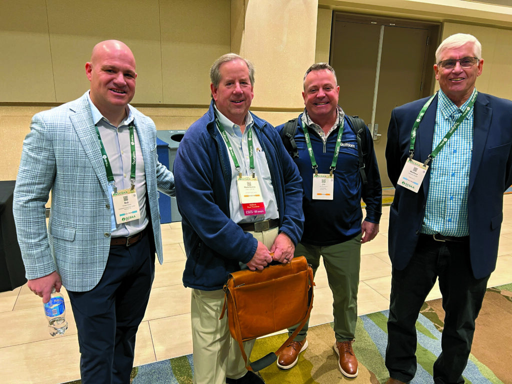 It’s difficult at the GCSAA Show to really catch up with the people you want to catch up with, so sometimes you just have to take a photo to commemorate the occasion. Here (left to right), Oakmont CC’s Bob Davis; Mark Kuhns, CGCS, Ceres Turf; Jim Cummins, Golfdom; and Matt Shaffer, director of golf course operations emeritus, Merion GC, take a moment together. (Photo: Golfdom staff)