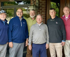 Paul Jett, CGCS (center in gray shirt) with from left, Carolinas GCSA board director Todd Lawrence, CGCS; vice president Jeremy Boone, CGCS, MG; executive director Tim Kreger; president Brain Green; and past president Doug Lowe, CGCS (Photo: Carolinas Golf Course Superintendents Association)