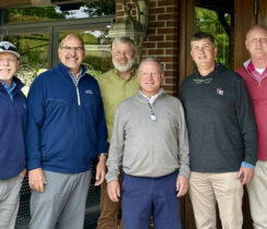 Paul Jett, CGCS (center in gray shirt) with from left, Carolinas GCSA board director Todd Lawrence, CGCS; vice president Jeremy Boone, CGCS, MG; executive director Tim Kreger; president Brain Green; and past president Doug Lowe, CGCS (Photo: Carolinas Golf Course Superintendents Association)