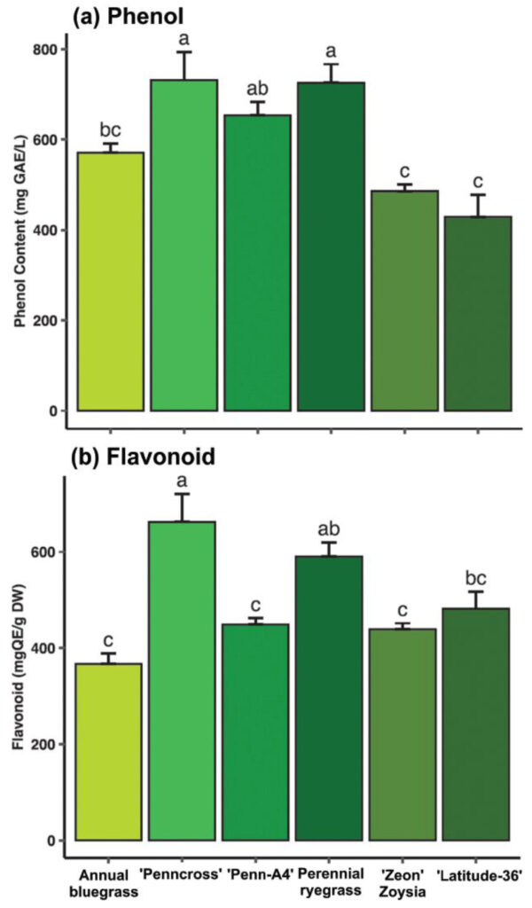 (a) Total phenol (mg gallic acid equivalents [GAE]/L) and flavonoid (mg quercetin equivalent [QE]/g DW) content of annual bluegrass, bentgrass, perennial ryegrass, zoysiagrass and hybrid bermudagrass. Columns with the same lowercase letter denote no significant differences in phenol (a) and flavonoid (b) content between turfgrass species/cultivars at α =0.05.