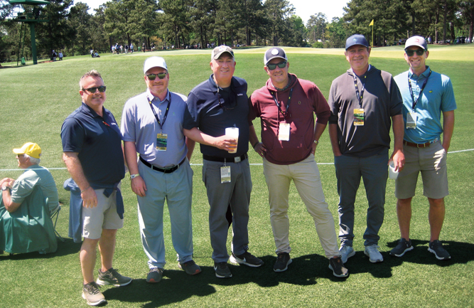 A fine day at Augusta National: Enjoying the exceptional weather (and for Jones, a few pints) are Cummins; Tom Rasmussen, The Toro Co.; Jones; Mike McCormick, Oakmont CC; Sean Anderson, Eagle Point GC; and Matt Pound, The Toro Co. (Photo: Golfdom staff)