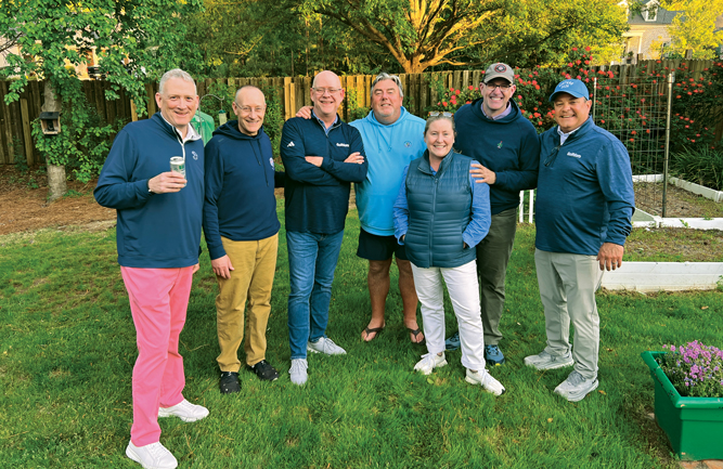 Backyard bonanza: Leave it to The Toro Co. to throw an epic backyard party! Joining Hollister (center) and Jim Cummins (far right) are (left to right) Dan O’Brien and Dave Dynowski, Toro; Kenny Nairn, Eagle Creek GC; and John and Nicole Kelly, Kittansett Club. (Photo: Golfdom staff)