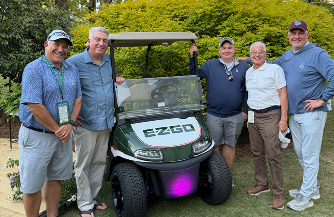 Some E-Z-Go(ing) guys: Some familiar faces in Augusta: Bob Doria, Medford Village CC; Jones; Donovan Maguigan, Springdale GC; Leo DiGisi, Medford Village CC; and Jeff Haas, E-Z-Go. Jones still owes Maguigan and Haas for letting him crash at their rental house at the 2024 Masters! (Photo: Golfdom staff)