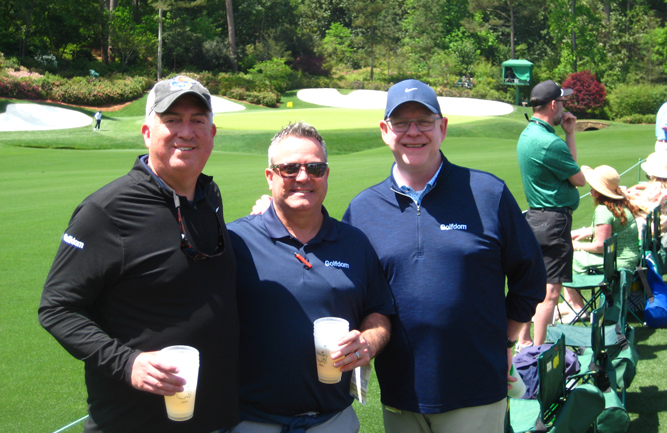 The KC Three on No. 13: Jones’ own tradition: taking a photo with his travel partners at the picturesque No. 13 green. Jones was joined this year by Cummins and Hollister. (Photo: Golfdom staff)