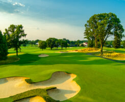 The sixth hole at Woodmont Country Club (South Course) is a short, dog leg right, uphill par 4. (Photo: Larry Lambrecht)