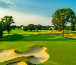 The sixth hole at Woodmont Country Club (South Course) is a short, dog leg right, uphill par 4. (Photo: Larry Lambrecht)