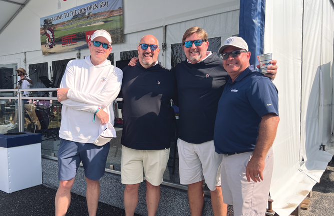 It’s Toro time Spotted hanging out near the maintenance hospitality tent at Shinnecock Hills are Dan O’Brien, Mike Read and Chris Anderson, The Toro Co., with Golfdom’s Cummins. (Photo: Golfdom Staff)