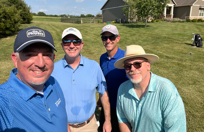 Reading those Bondo Greens: After missing last year's tournament, Jones returned to the Bondo Greens backyard golf tournament, with playing partners (left to right) Colby Jones, CFO, Kauffman Center for the Performing Arts; Andrew Jones, superintendent, Deer Trace GC, Louisburg. Kan.; and Ande Parks, writer, "Extraction. (Photo: Golfdom staff)