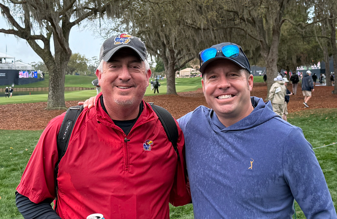 A wet day on the course: Before the sky opened up at the 2026 Players Championship, Jones nabbed this photo with Justin Apel, executive director, Golf Course Builders Association of America. (Photo: Golfdom staff)