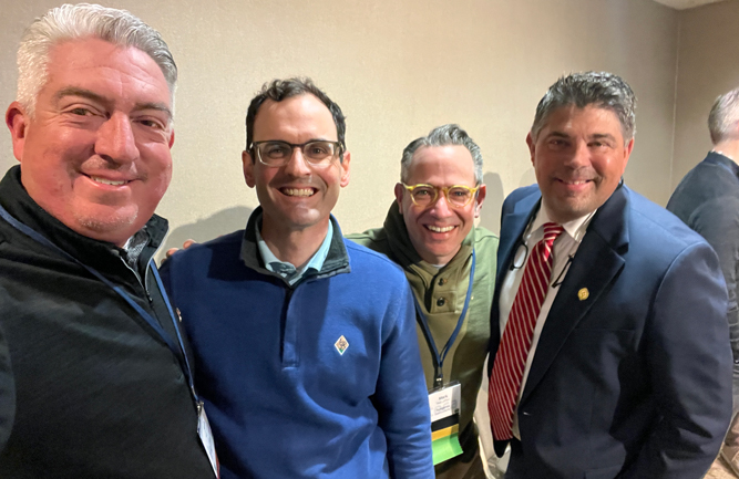 Class is in session: The 2026 Turf and Ornamental Communicators Association annual meeting in Cleveland had some fun speakers, including Jones; lan Gallagher, superintendent, Mayfield Sand Ridge Club, Cleveland: Mark LaFleur, Syngenta: and Brian Zimmerman, former superintendent, now executive director of the Cleveland Metroparks. (Photo: Golfdom staff)