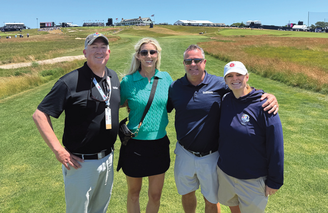 Fancy meeting you here From Kansas to Long Island — Golfdom’s EIC Seth Jones and national accounts manager Jim Cummins caught up with Callie Zevecke and Dani McFadden, Ph.D., of PBI-Gordon at Shinnecock Hills during the U.S. Open. (Photo: Golfdom Staff)