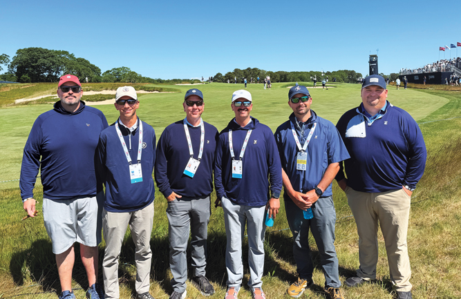 Winged Foot in the house The U.S. Open goes to Winged Foot GC in 2028, so Steve Rabideau, CGCS (third from left), plus his Winged Foot staff and alumni, took in the beautiful scenery and action during Tuesday’s practice round at this year’s U.S. Open. With Rabi are (left to right) Jon Heywood, CGCS, Sleepy Hollow CC, Briarcliff Manor, N.Y.; Will Good, assistant, Winged Foot; Max Sturgis, assistant, Winged Foot; Greg Goldman, assistant, Winged Foot; and Weston Neff, superintendent, Oyster Harbors Club, Osterville, Mass. (Photo: Golfdom Staff)