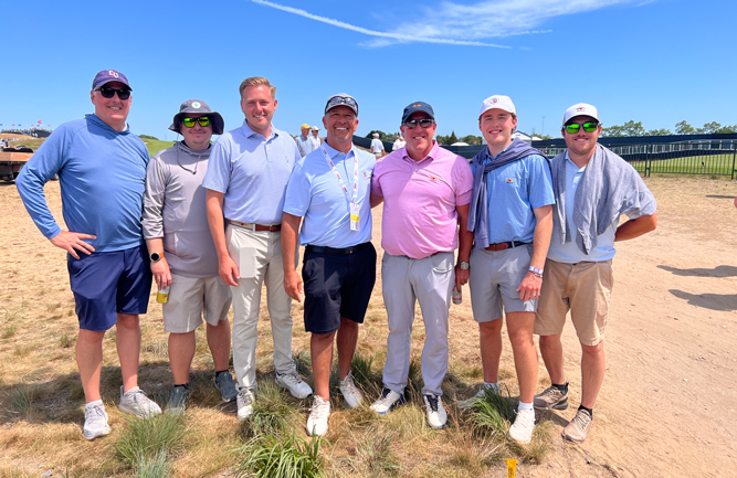 More familiar faces Spotted near the No. 10 tee at Shinnecock Hills were (left to right): Jeff Haas, E-Z-GO; Donovan Maguigan, superintendent, Springdale GC, Princeton, N.J.; James Surico, superintendent, Fiddler’s Elbow CC, Bedminster, N.J.; Tom Weinert, Plant Food Co.; and Greg Boring, superintendent, Baltusrol GC, with his sons Cameron and Caiden. Cameron works with his dad at Baltusrol, Caiden is in college. (Photo: Golfdom Staff)