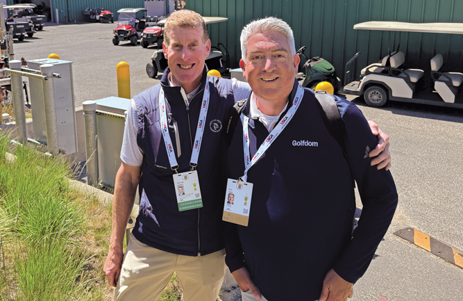 A hot second for Golfdom Shinnecock Hills superintendent Jon Jennings, CGCS, makes time for a quick photo with Jones during a busy day of preparation. This is Jennings’ final season at Shinnecock, as he has plans to retire soon. Congrats, Jon! (Photo: Golfdom Staff)