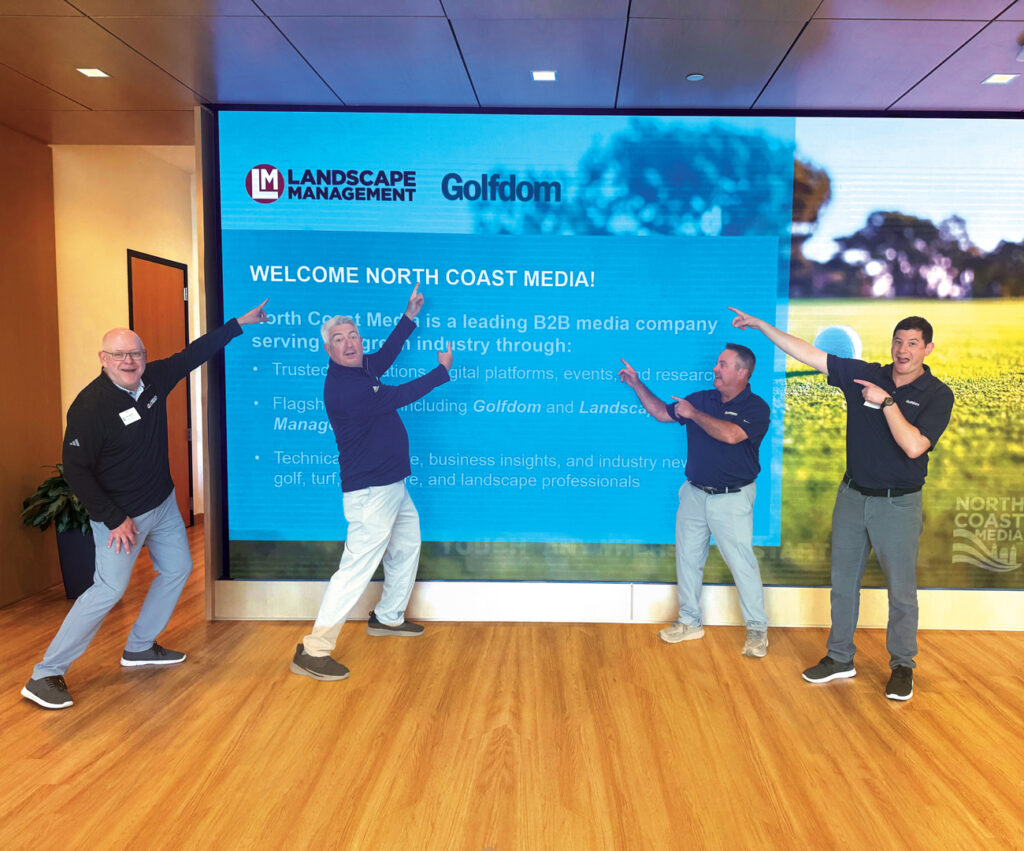 It was a good day It was exciting to be welcomed at Syngenta’s North American headquarters in Greensboro, N.C., with this sign celebrating who we are and what we do. Hollister, Jones, Cummins and Goodman all gave a point to the sign in appreciation. (Photo: Golfdom staff)